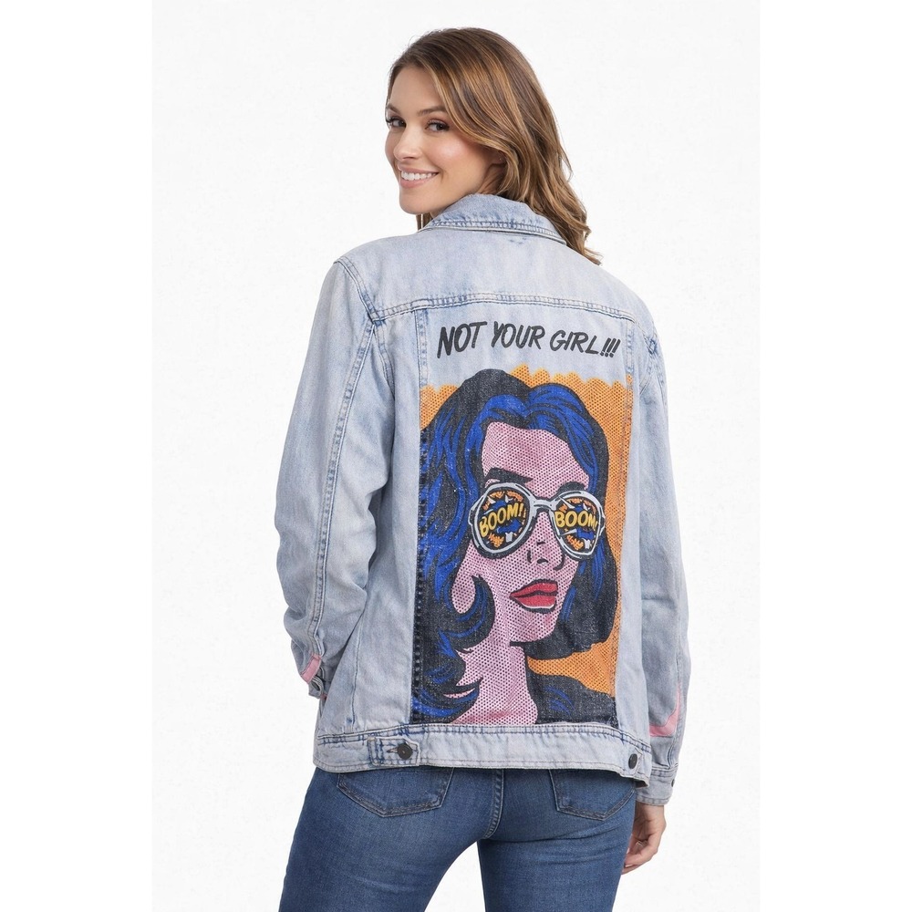 Not Your Girl Comic Style Acid Wash Denim Jacket Pop Art Graphic size‎ LARGE